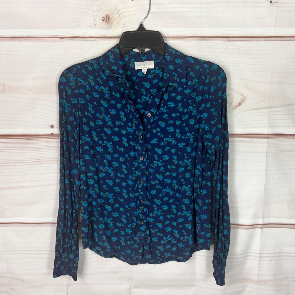 Lucky Brand Top Womens XS Blue Floral Shirt Button Up Woven Lightweight Collared